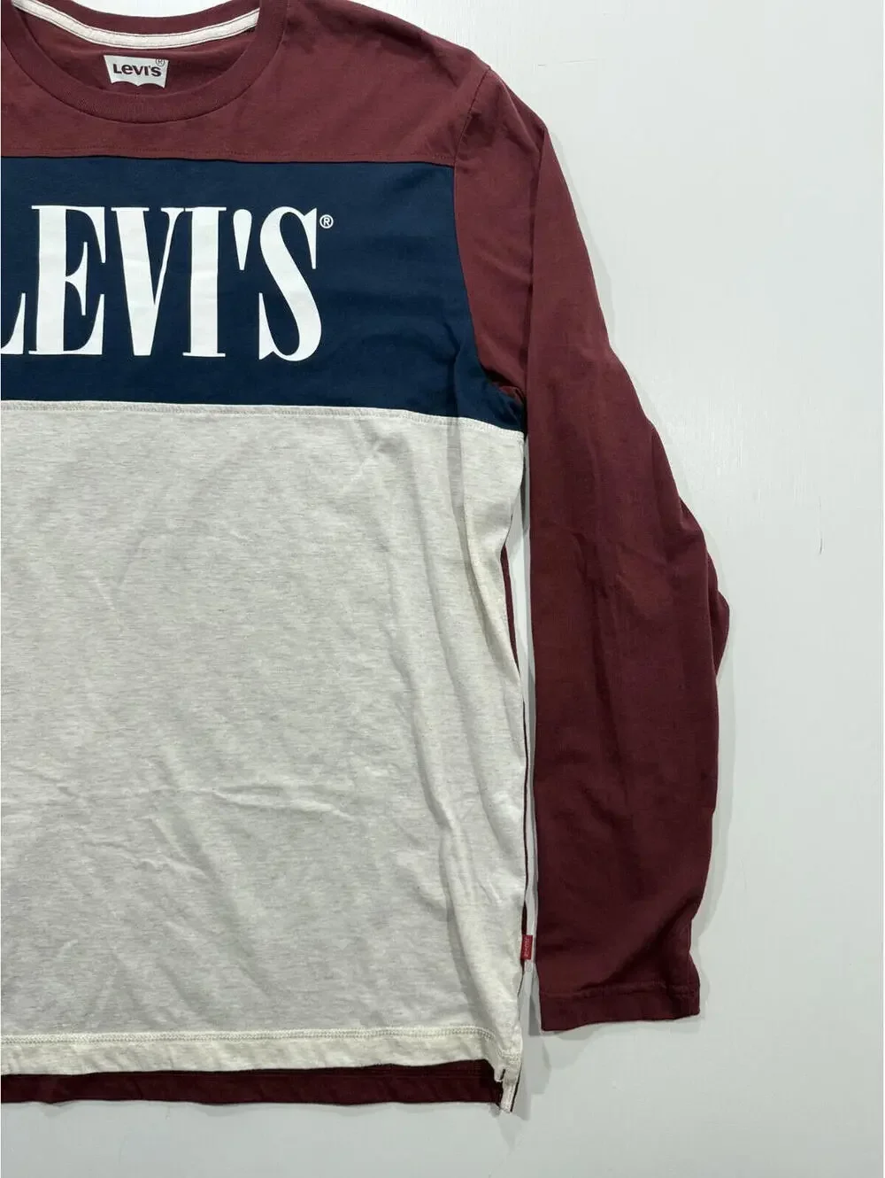 Levi’s Shirt Mens Large Burgundy Navy Colorblock Long Sleeve Logo Crewneck Tee